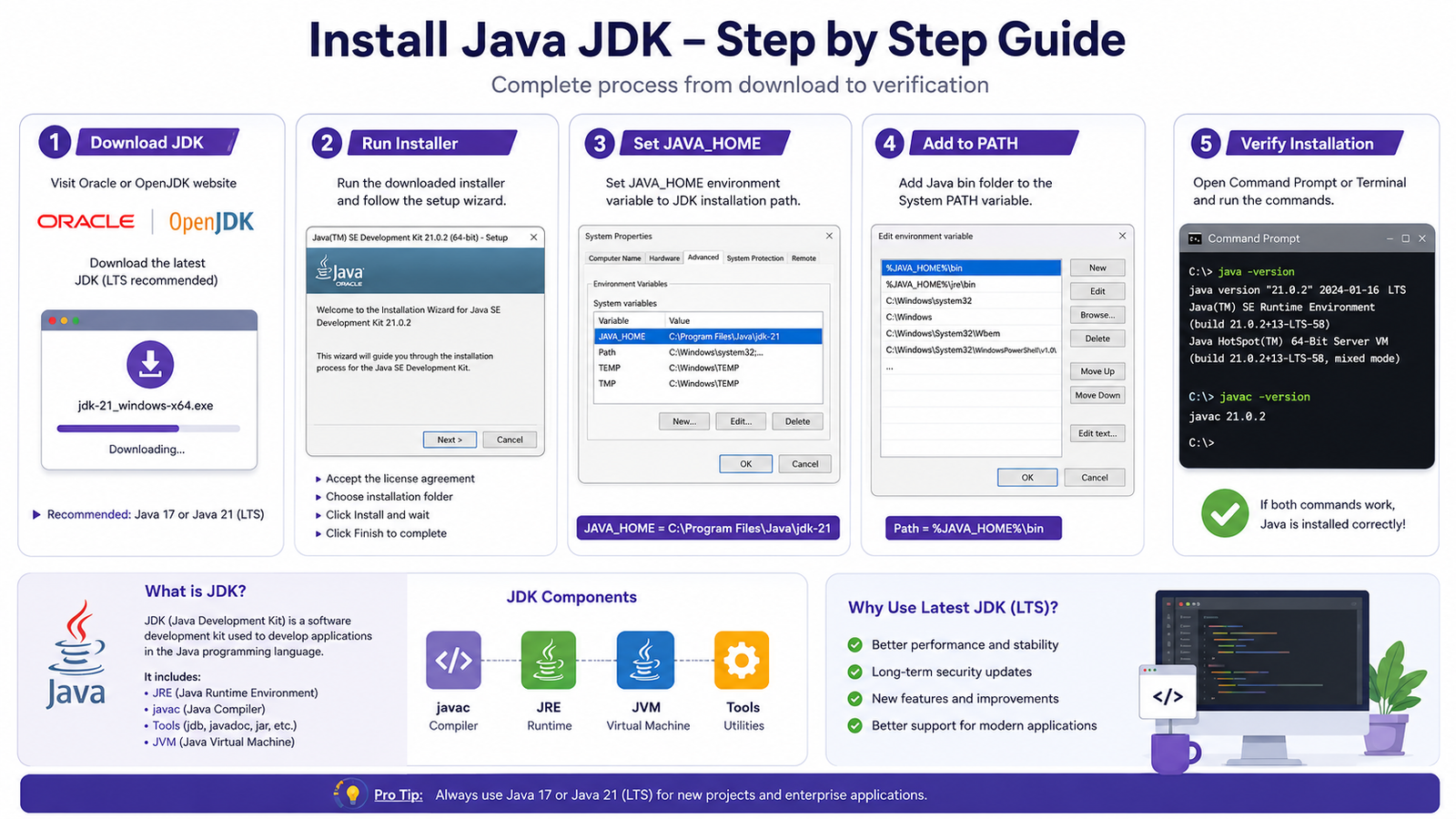 Java installation setup showing compiler, JVM, and environment configuration